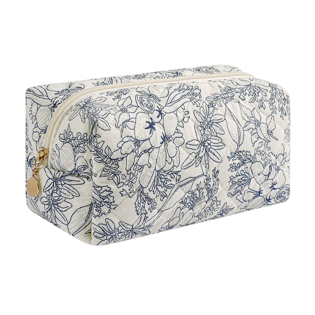 JOVAKIT Square Makeup Bag Cute Cosmetic Bag for Women Floral Coquette Aesthetic Toiletry Bag Zipper Make Up Pouch Travel Make Up Organizer Bag (Navy Blue Flower)
