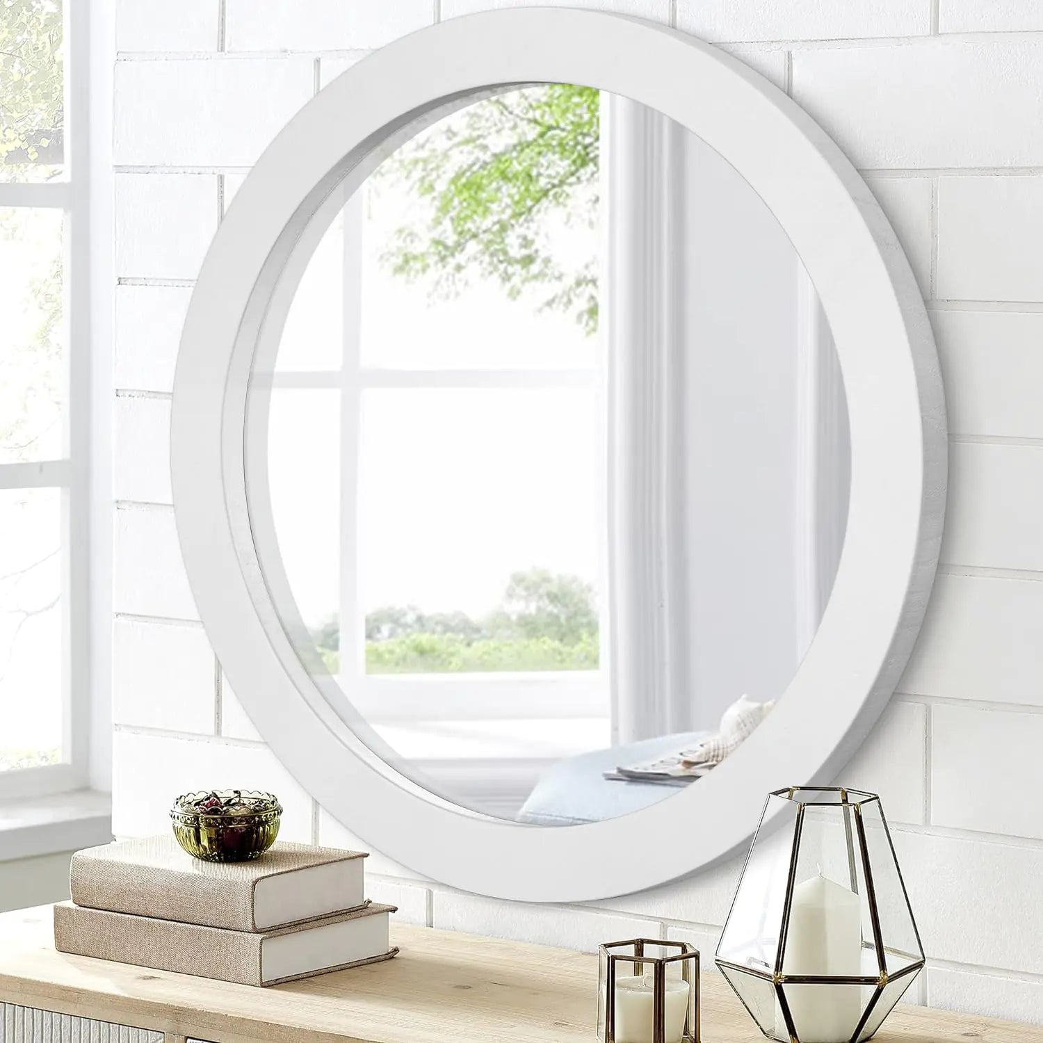 JJUUYOU Round Wall Mirror 20 Inch Circle Mirror for Bathroom Circular Mirror Home Mirror Wood Frame Mirror for Living Room Bedroom Dorm Entryway and More