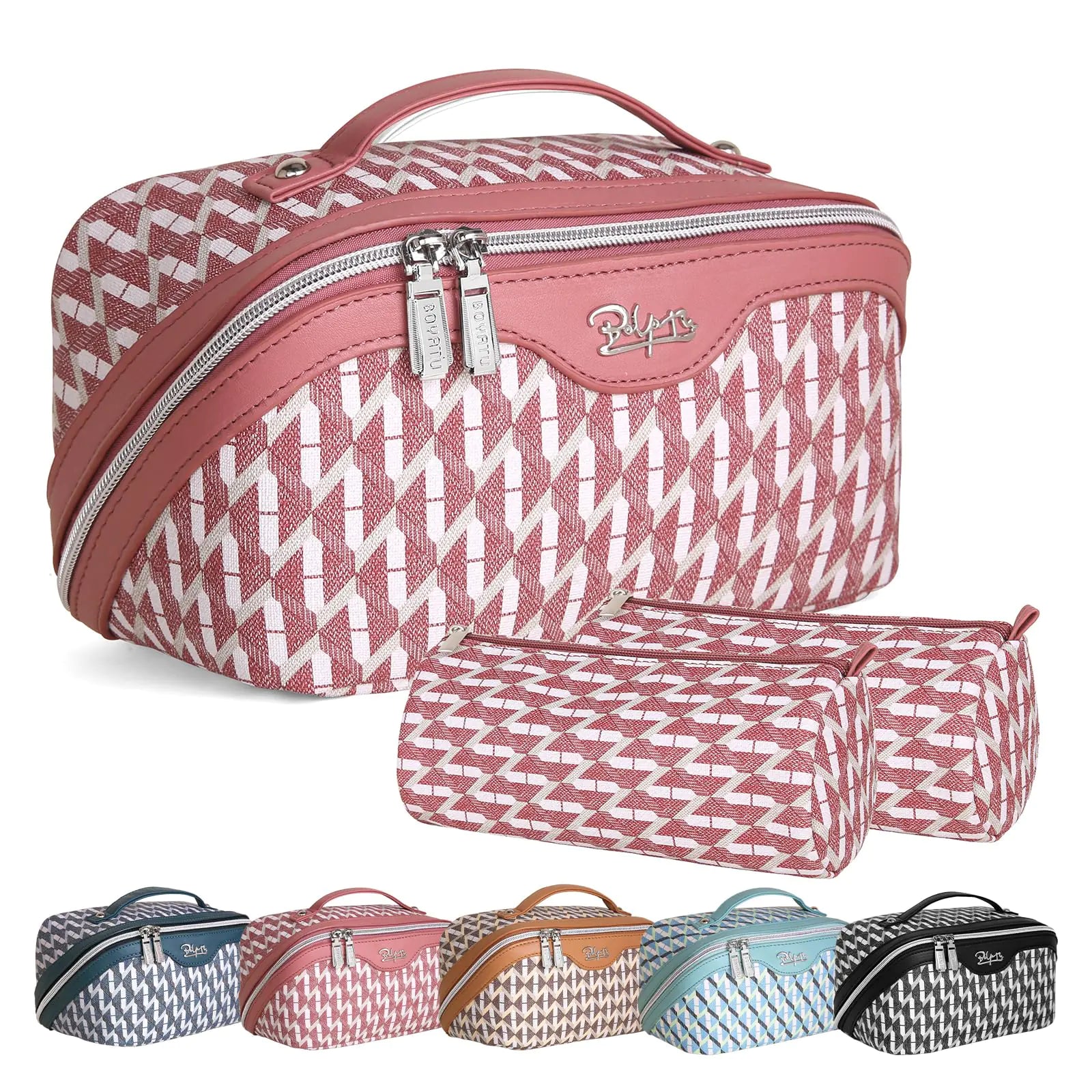 BOYATU Travel Makeup Bags Cosmetic Organizer Bag: Large Capacity Cosmetic Bags for Women Set of 3 - Wide Open Portable Make up Bag with Handle - Leather Toiletry Bag with Divider (03-Red)