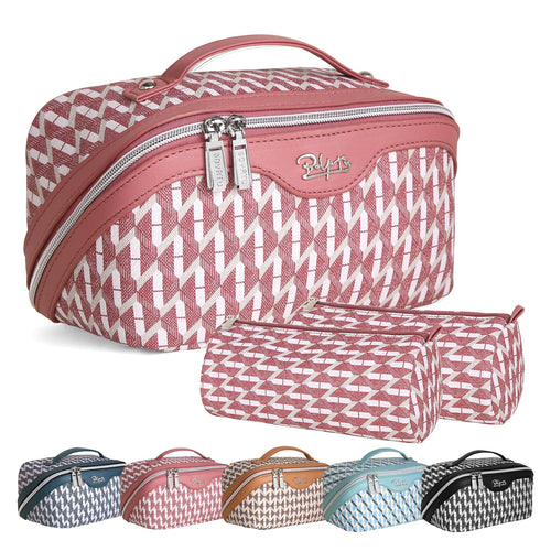 BOYATU Travel Makeup Bags Cosmetic Organizer Bag: Large Capacity Cosmetic Bags for Women Set of 3 - Wide Open Portable Make up Bag with Handle - Leather Toiletry Bag with Divider (03-Red)