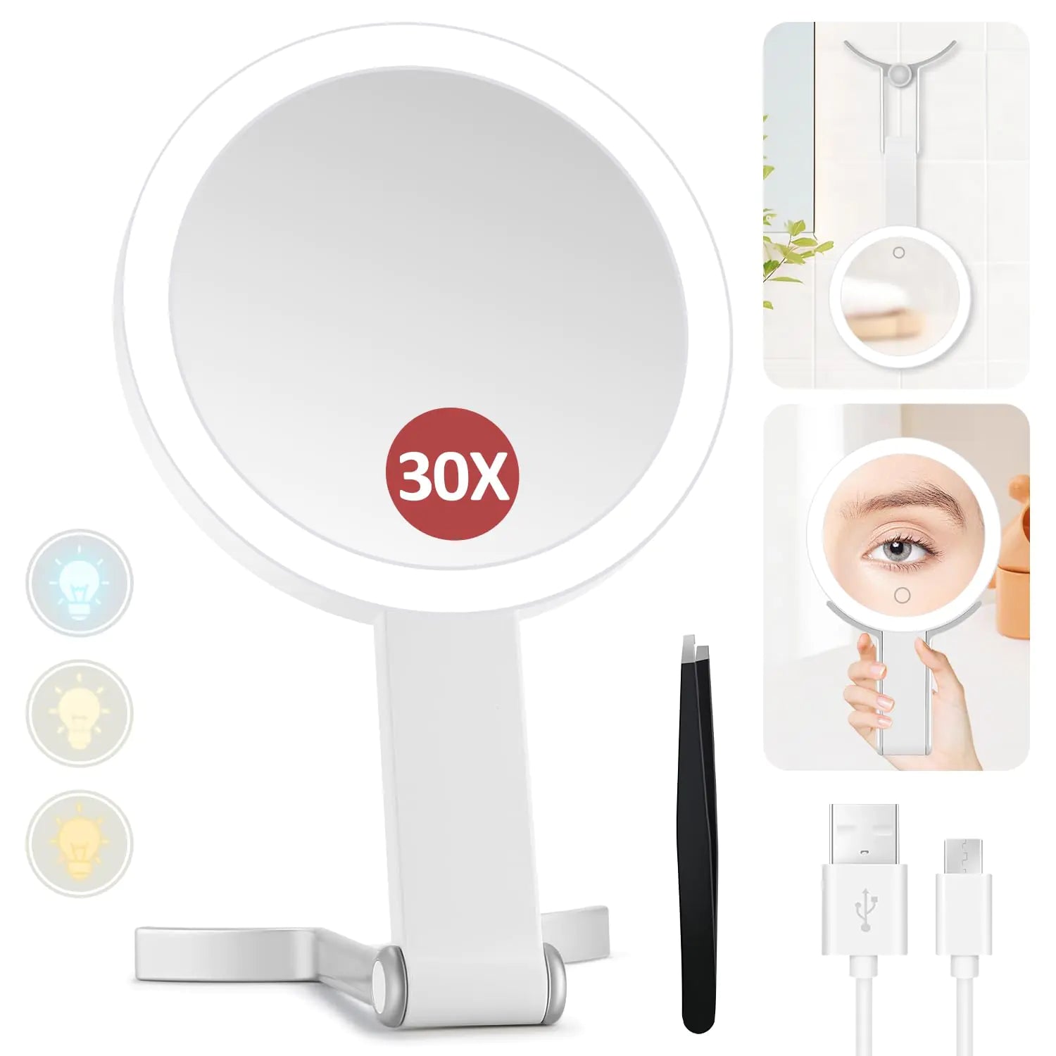 MIYADIVA Lighted Makeup Mirror 30X Magnifying Mirror with Light and Adjustable Brightness Hanging and Handheld Mirror with Handle Portable Travel Makeup Mirror with Lights Vanity Mirror for Women
