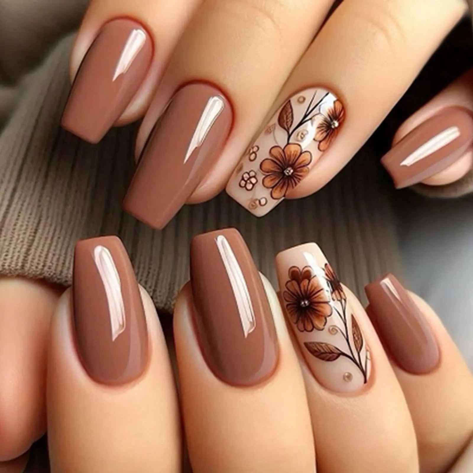 Medium Press on Nails Coffin Fake Nails Brown Nails Press ons Glossy Glue on Nails Nails Fall Acrylic Nails Winter False Nails with Floral Designs Artificial Stick on Nails for Women 24Pcs