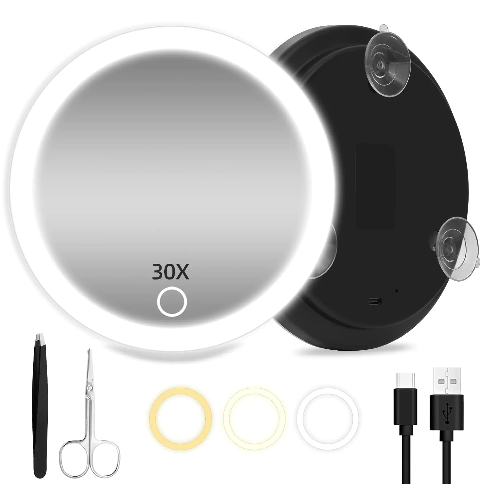 30X Magnifying Mirror with Lights 6inch Large Makeup Magnifying Mirror Lighted 30X High Magnifying Mirror Travel Magnifying Mirror with Lights 30X Portable LED Magnified Mirror with 3 Suction Cups