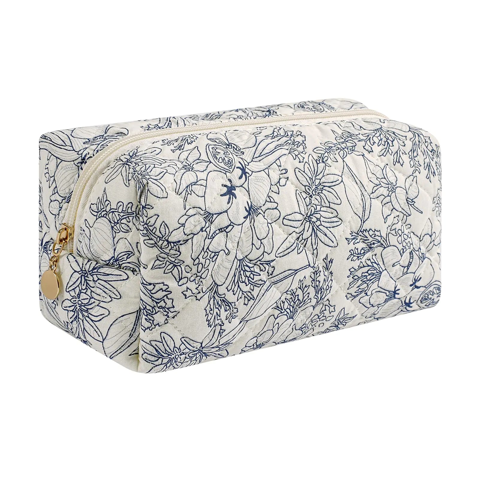 JOVAKIT Square Makeup Bag Cute Cosmetic Bag for Women Floral Coquette Aesthetic Toiletry Bag Zipper Make Up Pouch Travel Make Up Organizer Bag (Navy Blue Flower)